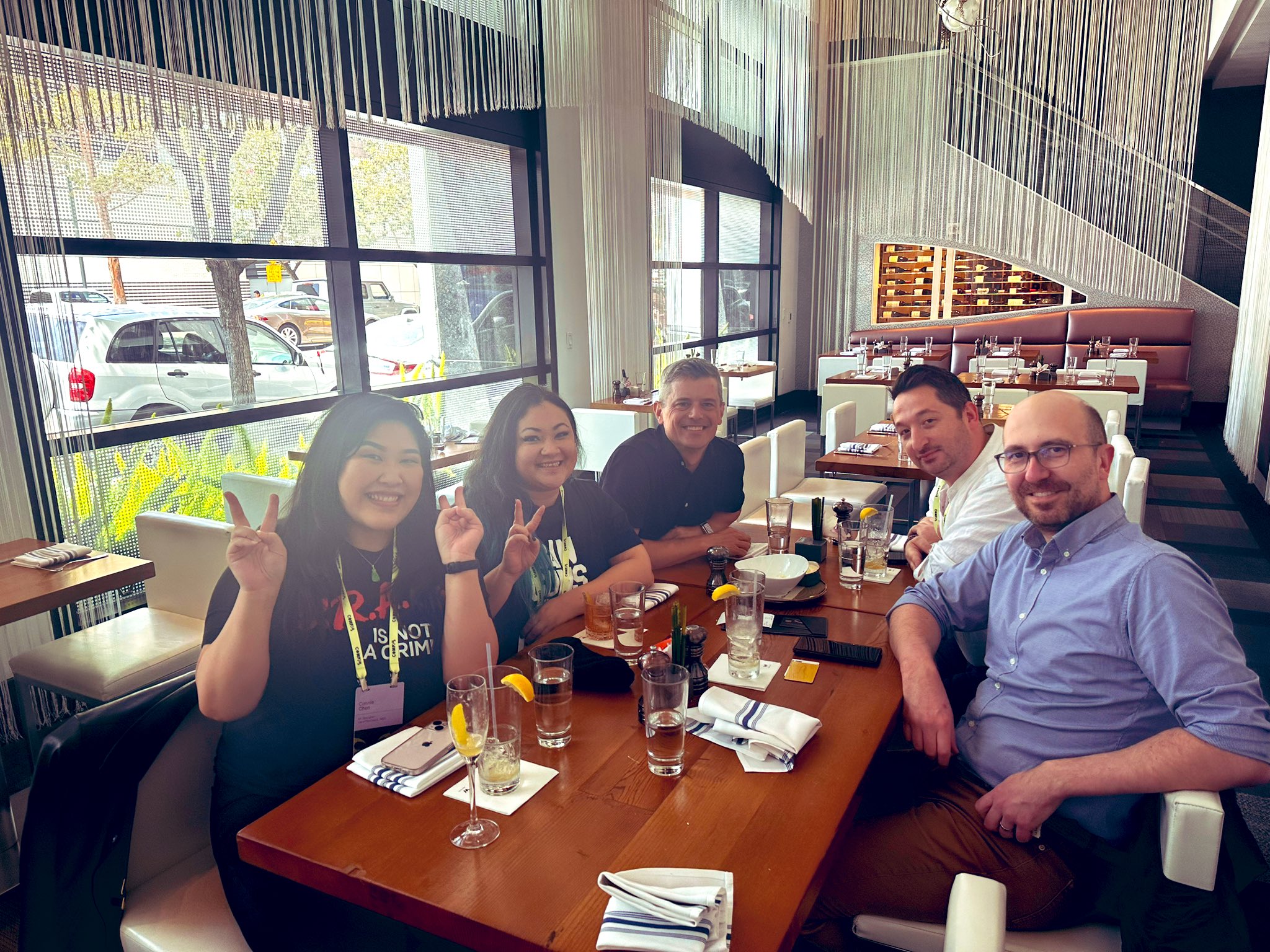 Myself sitting with Jina, Nathan Curtis, Kaelig Deloumeau-Prigent, and Connie Chen. Lunchtime at Config 2023
