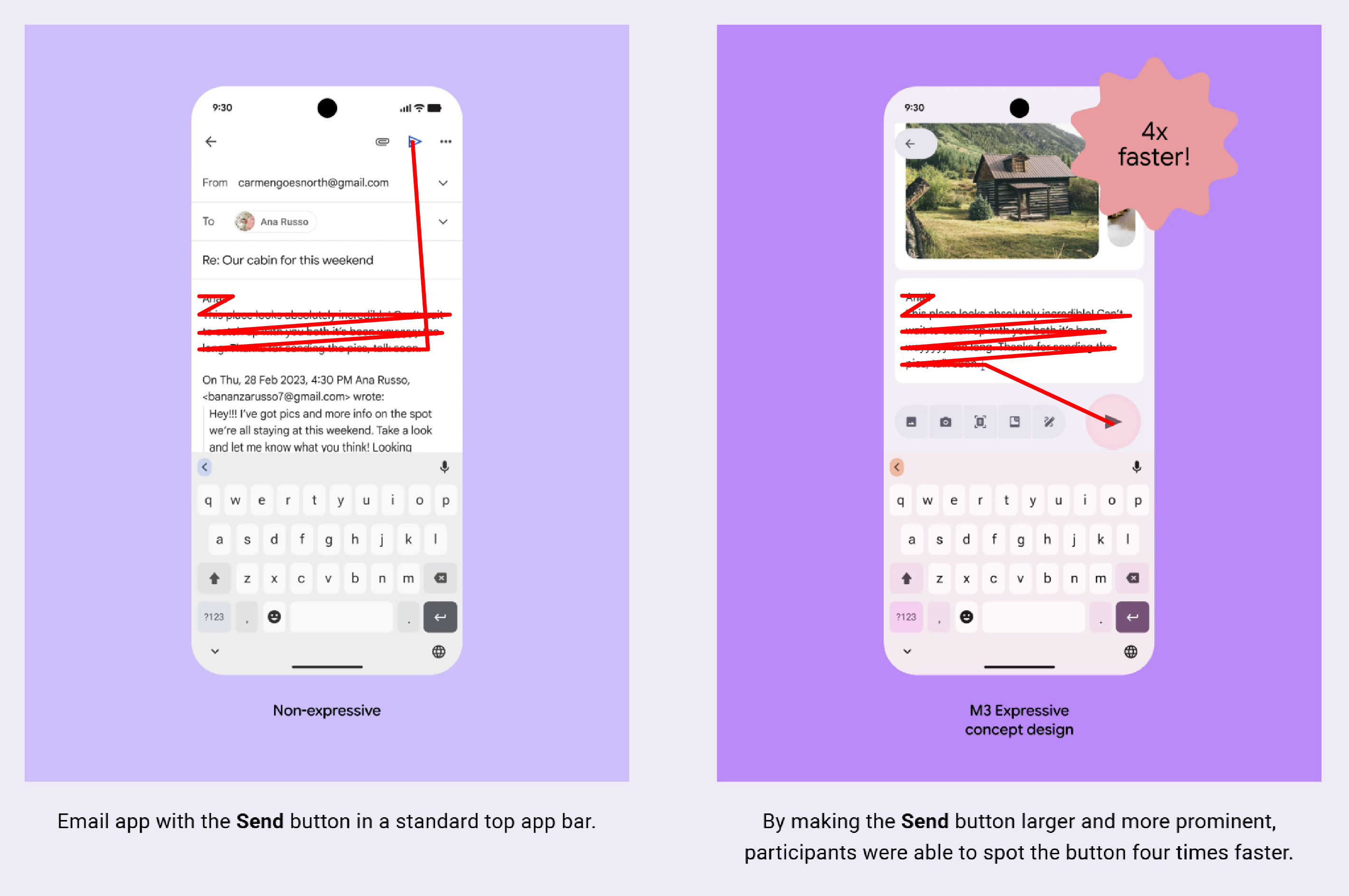 Side-by-side of email application with design changes and eye path