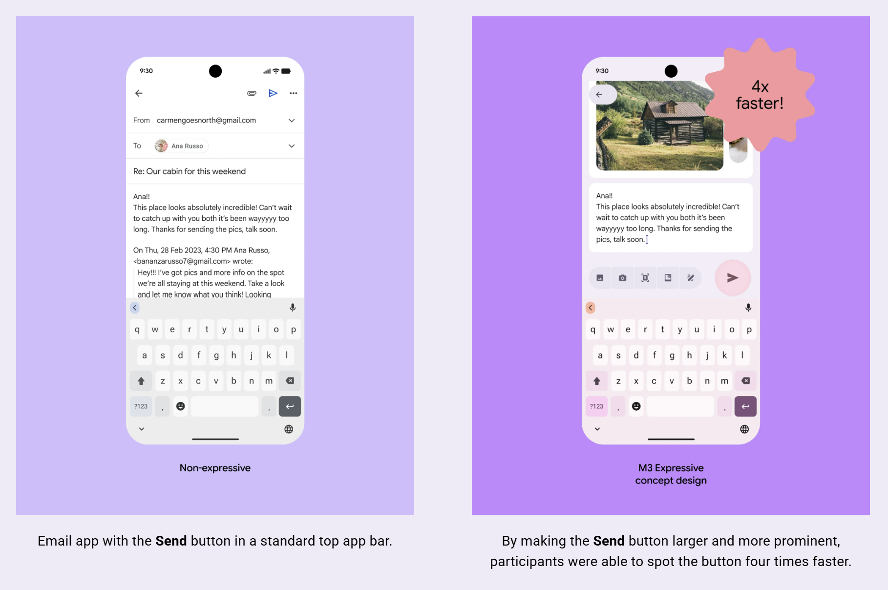 Side-by-side of email application with design changes