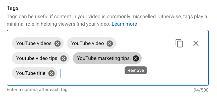 YouTube tag input